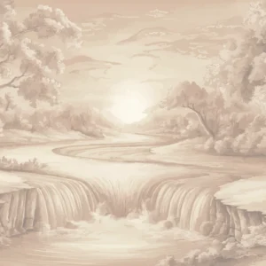 Papier peint paysage romantique cascade et forêt tons sépia