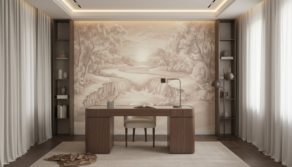 Papier peint paysage romantique cascade et forêt tons sépia - Bureau