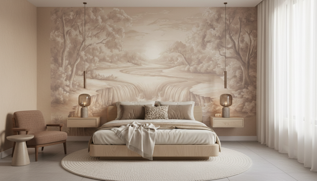 Papier peint paysage romantique cascade et forêt tons sépia - Chambre adulte