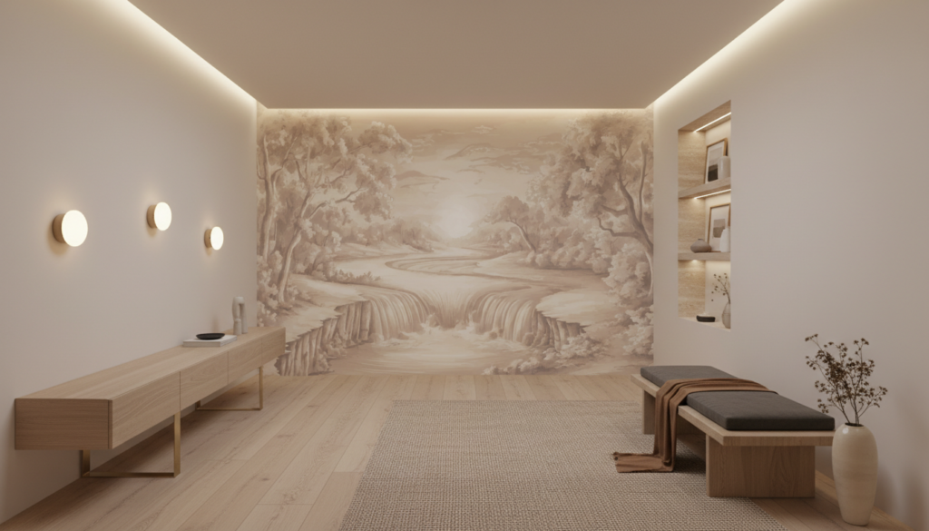 Papier peint paysage romantique cascade et forêt tons sépia - Couloir