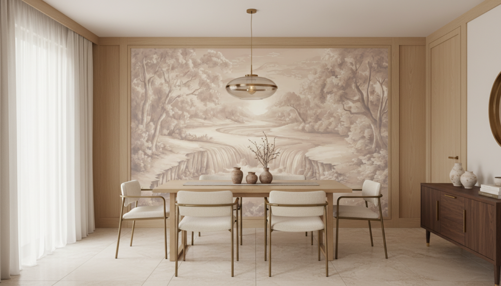 Papier peint paysage romantique cascade et forêt tons sépia - Salle à manger