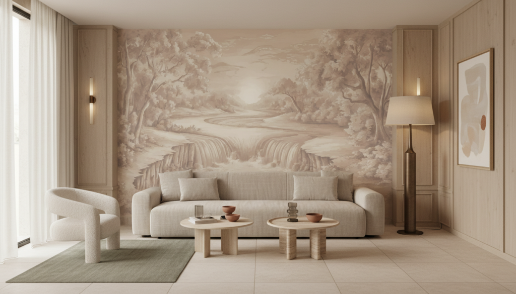 Papier peint paysage romantique cascade et forêt tons sépia - Salon / Séjour