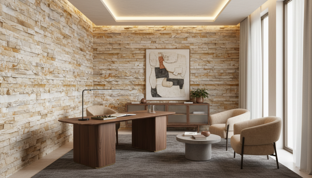 Papier Peint Pierre Naturelle Beige aux Effets de Relief Texturé - Bureau