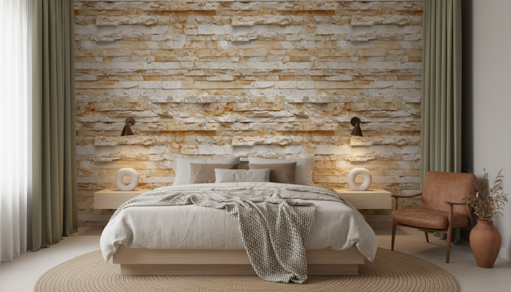 Papier Peint Pierre Naturelle Beige aux Effets de Relief Texturé - Chambre adulte