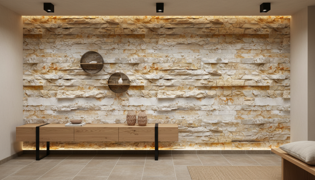 Papier Peint Pierre Naturelle Beige aux Effets de Relief Texturé - Couloir