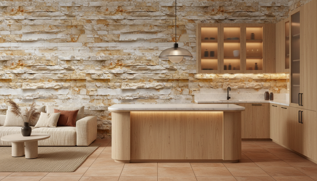 Papier Peint Pierre Naturelle Beige aux Effets de Relief Texturé - Cuisine