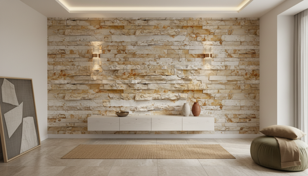 Papier Peint Pierre Naturelle Beige aux Effets de Relief Texturé - Entrée