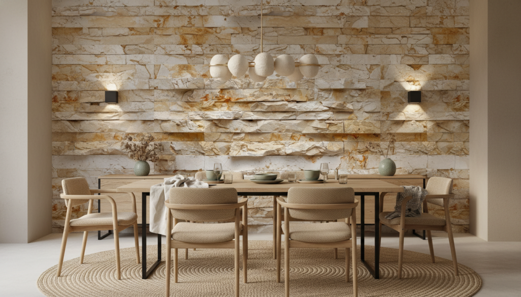 Papier Peint Pierre Naturelle Beige aux Effets de Relief Texturé - Salle à manger