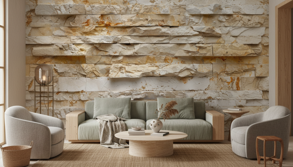 Papier Peint Pierre Naturelle Beige aux Effets de Relief Texturé - Salon / Séjour