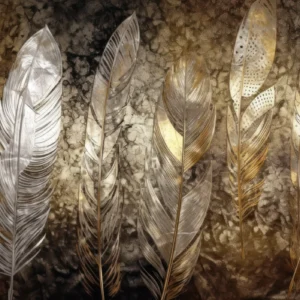 Papier Peint Plumes Dorées et Argentées sur Fond Texturé Vintage