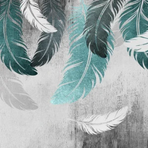 Papier peint plumes tropicales turquoise et blanc sur béton gris
