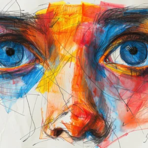 Portrait Artistique Abstrait aux Yeux Bleus Expressifs et Couleurs Vives