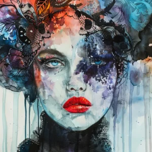 Papier Peint Artistique Portrait Féminin Aquarelle Contemporain Multicolore