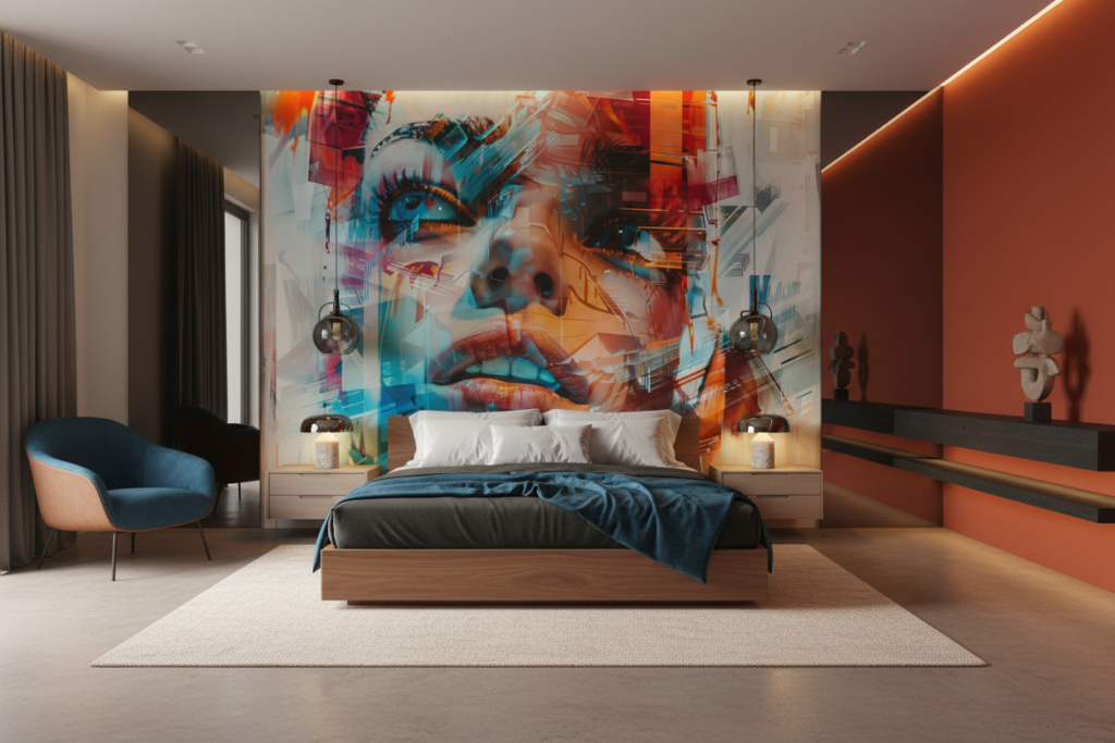 Papier Peint Portrait Femme Abstrait Effet Digital Moderne - Chambre adulte