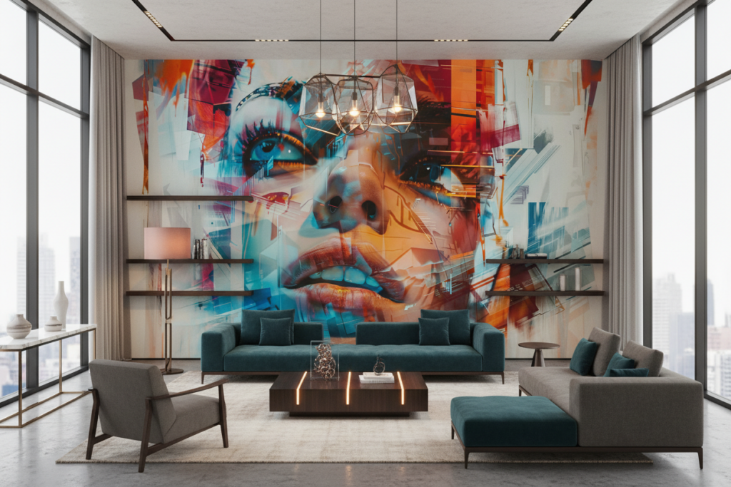 Papier Peint Portrait Femme Abstrait Effet Digital Moderne - Hôtel