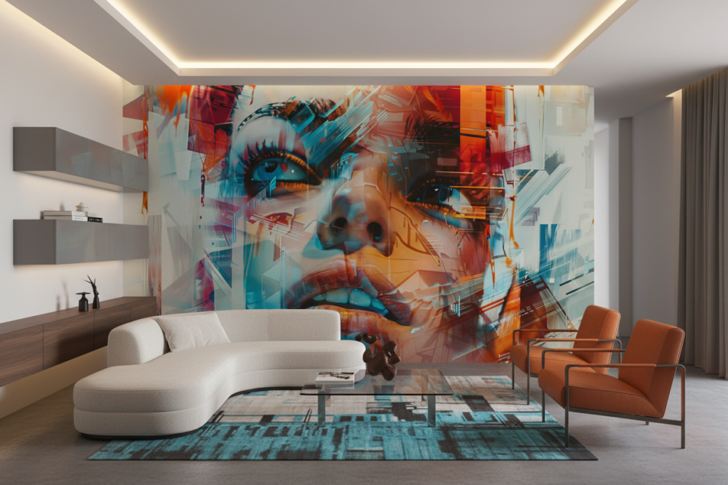 Papier Peint Portrait Femme Abstrait Effet Digital Moderne - Salon / Séjour