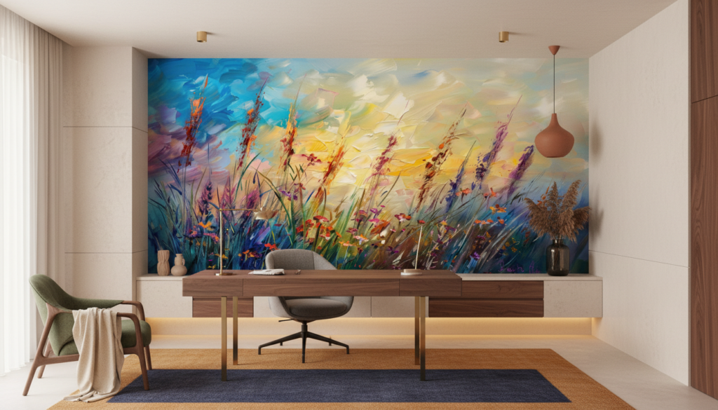 Papier Peint Prairie Sauvage Impressionniste Multicolore Abstraite - Bureau