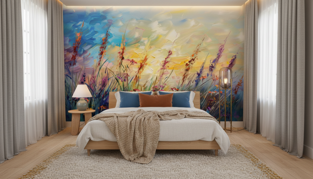 Papier Peint Prairie Sauvage Impressionniste Multicolore Abstraite - Chambre adulte