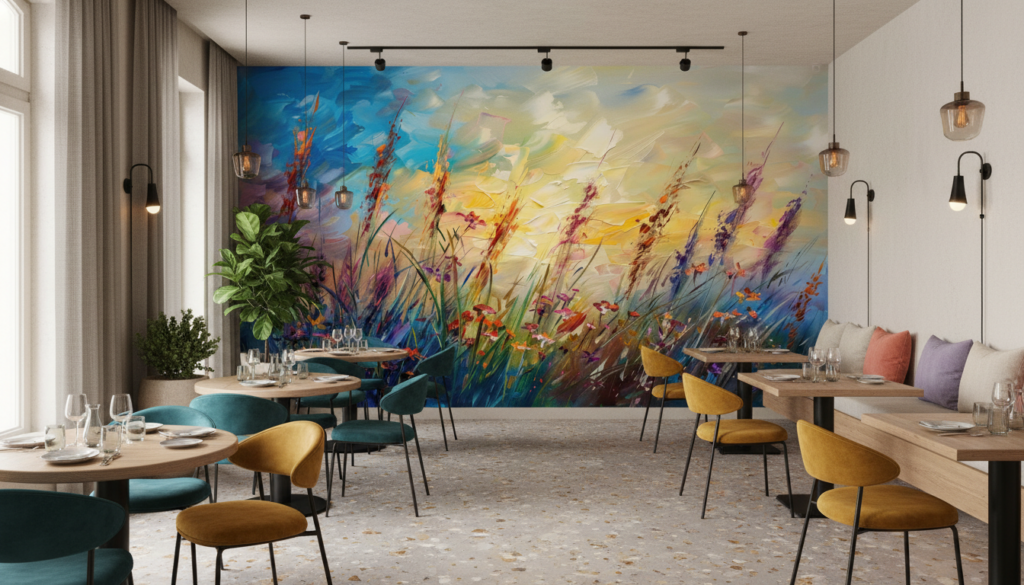 Papier Peint Prairie Sauvage Impressionniste Multicolore Abstraite - Restaurant