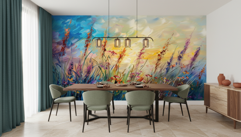 Papier Peint Prairie Sauvage Impressionniste Multicolore Abstraite - Salle à manger