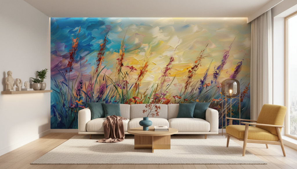 Papier Peint Prairie Sauvage Impressionniste Multicolore Abstraite - Salon / Séjour