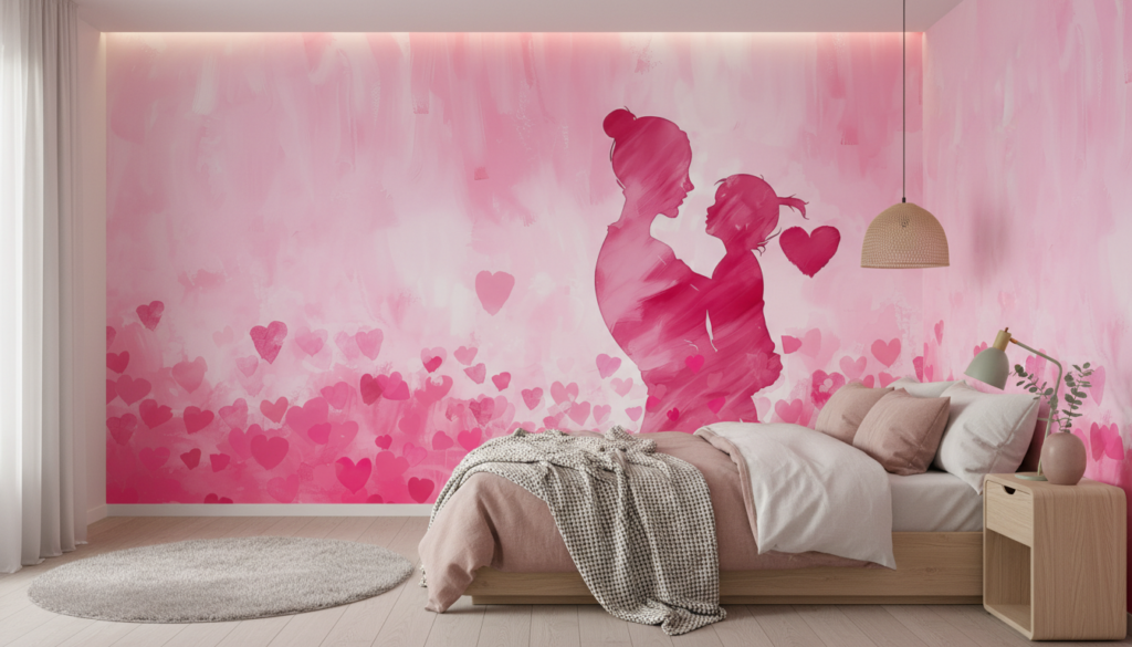 Papier Peint Romance Rose Couple Silhouettes Cœurs Aquarelle - Chambre ado