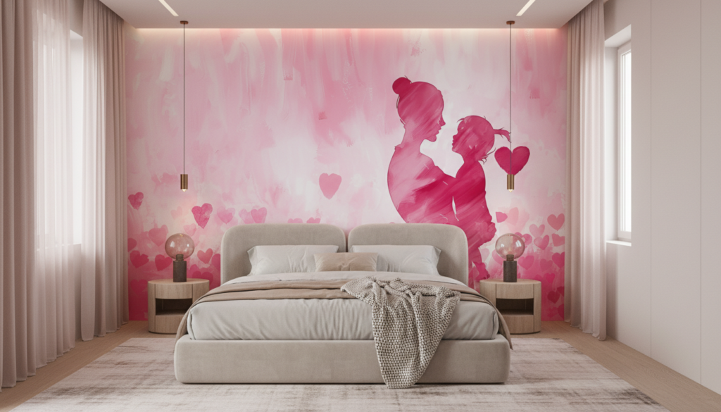 Papier Peint Romance Rose Couple Silhouettes Cœurs Aquarelle - Chambre adulte