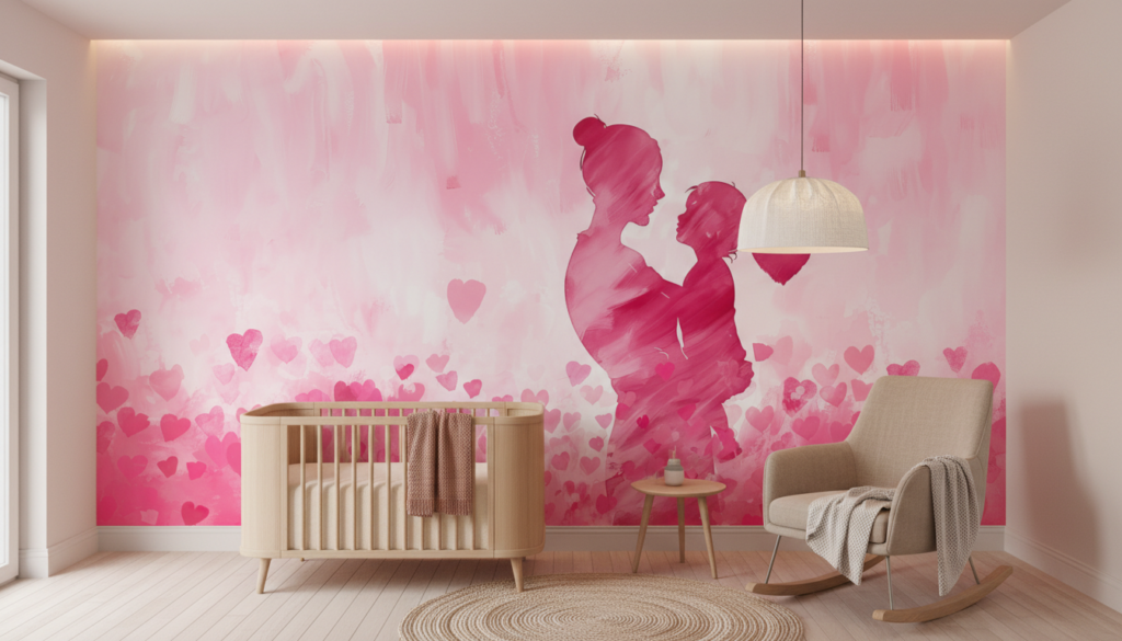 Papier Peint Romance Rose Couple Silhouettes Cœurs Aquarelle - Chambre bébé