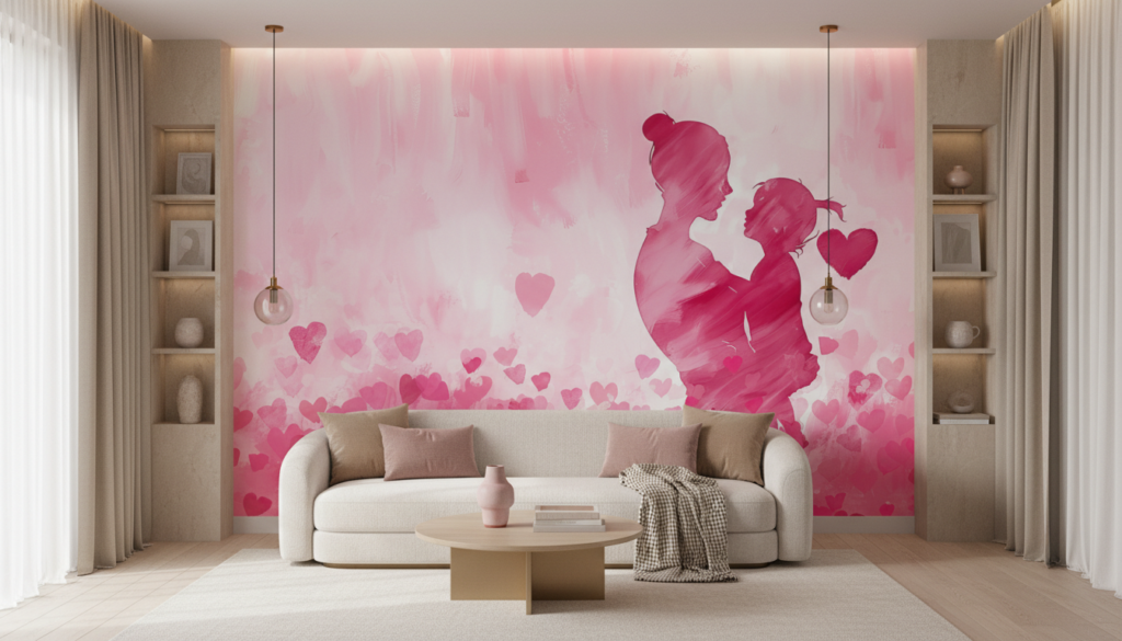 Papier Peint Romance Rose Couple Silhouettes Cœurs Aquarelle - Salon / Séjour