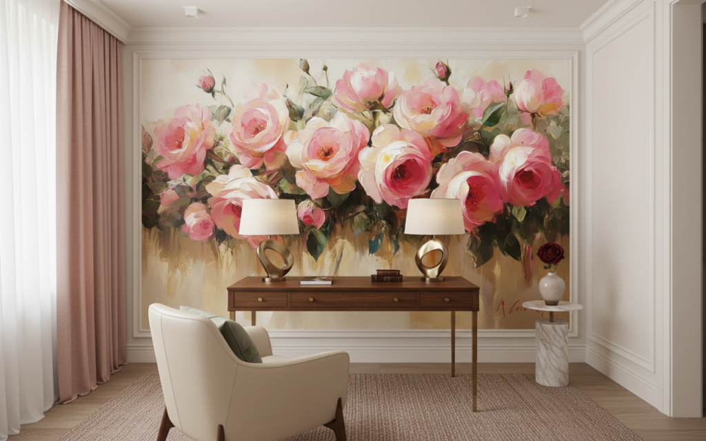 Papier Peint Romantique Bouquet de Roses Roses Aquarelle - Bureau