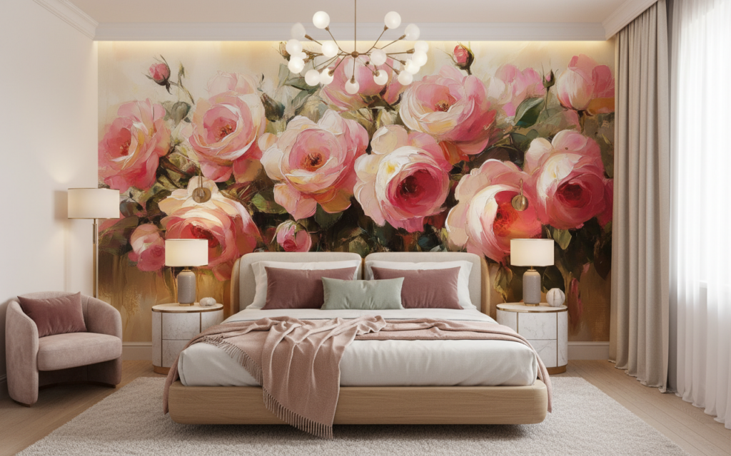 Papier Peint Romantique Bouquet de Roses Roses Aquarelle - Chambre adulte