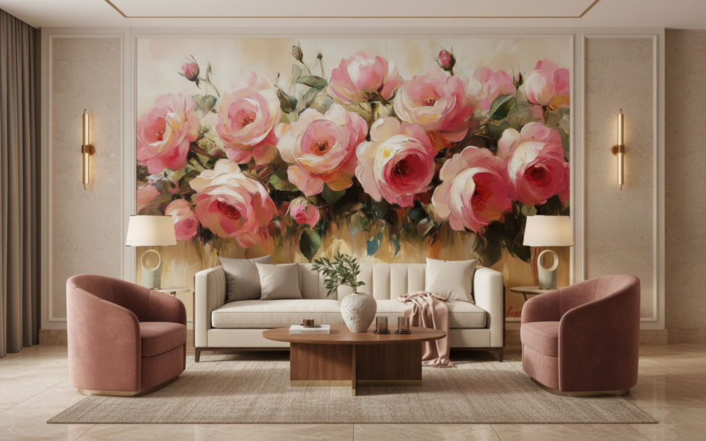 Papier Peint Romantique Bouquet de Roses Roses Aquarelle - Hôtel