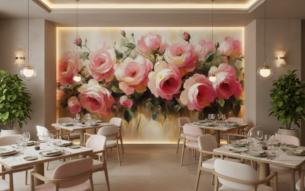 Papier Peint Romantique Bouquet de Roses Roses Aquarelle - Restaurant