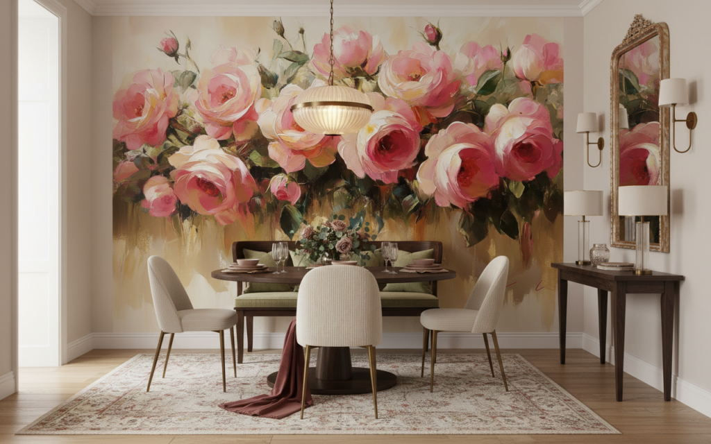 Papier Peint Romantique Bouquet de Roses Roses Aquarelle - Salle à manger
