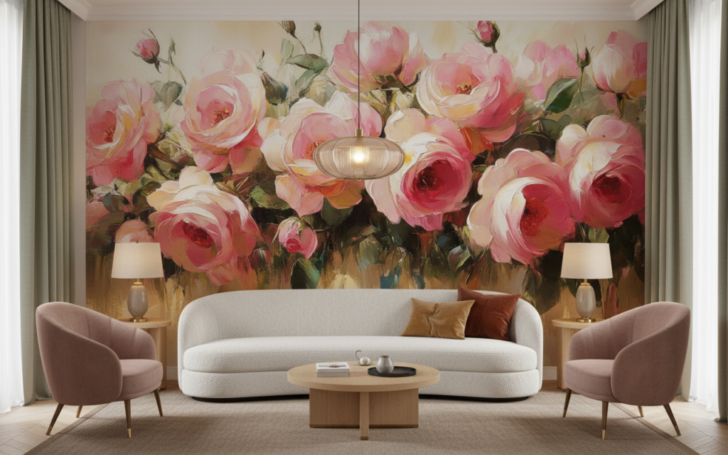 Papier Peint Romantique Bouquet de Roses Roses Aquarelle - Salon / Séjour