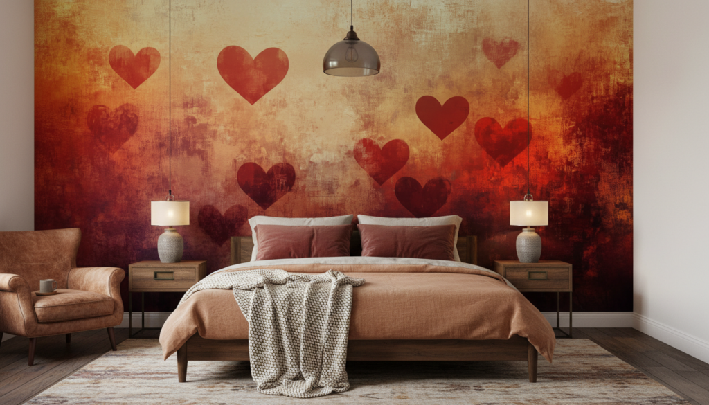 Papier Peint Romantique Cœurs Rouges Texture Vintage Grunge - Chambre adulte