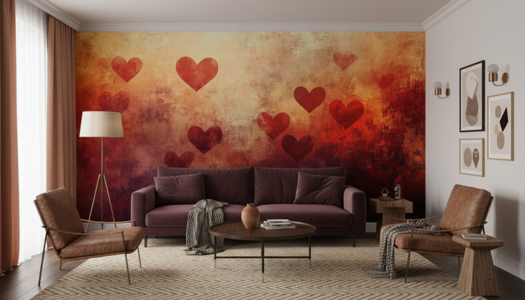 Papier Peint Romantique Cœurs Rouges Texture Vintage Grunge - Salon / Séjour