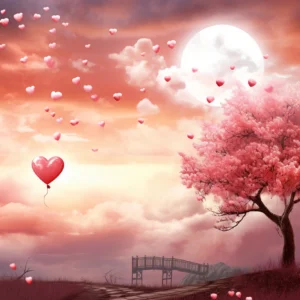 Papier Peint Romantique Cœurs Volants et Arbre Rose Lune