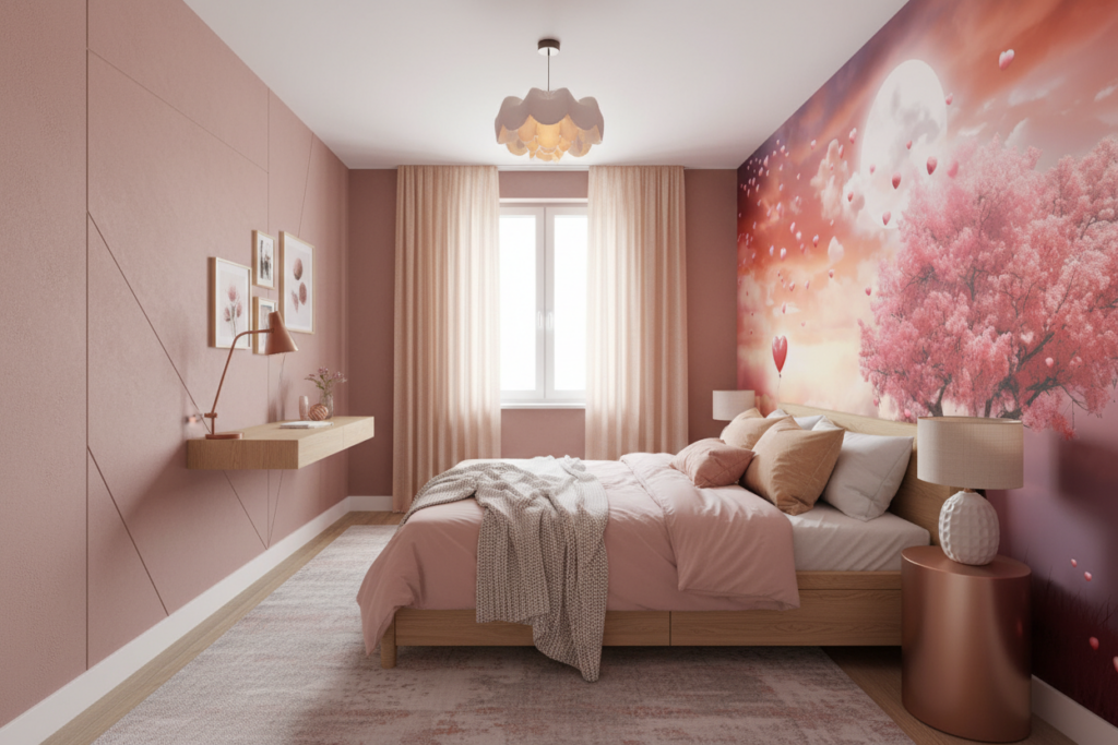 Papier Peint Romantique Cœurs Volants et Arbre Rose Lune - Chambre ado