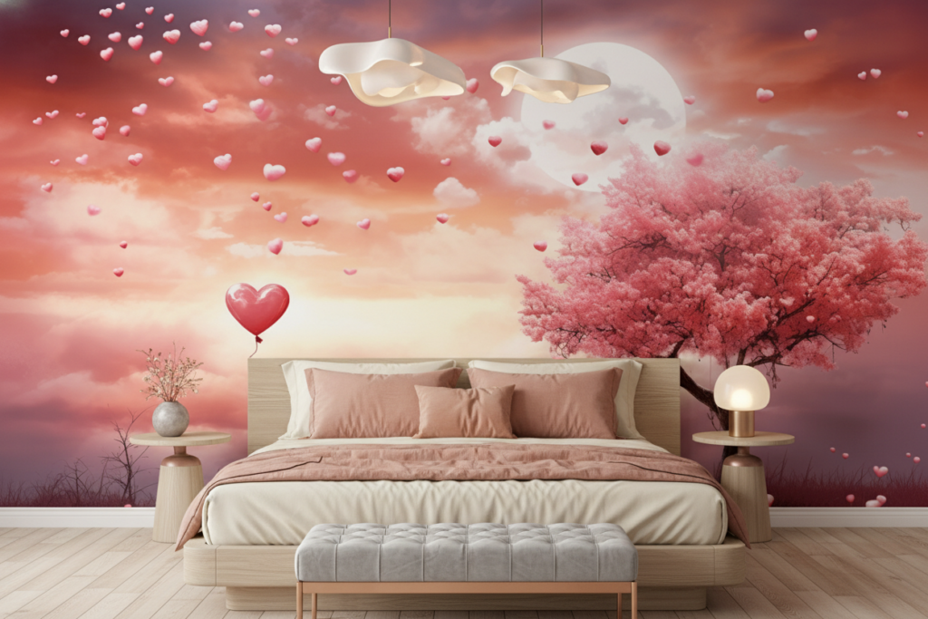 Papier Peint Romantique Cœurs Volants et Arbre Rose Lune - Chambre adulte