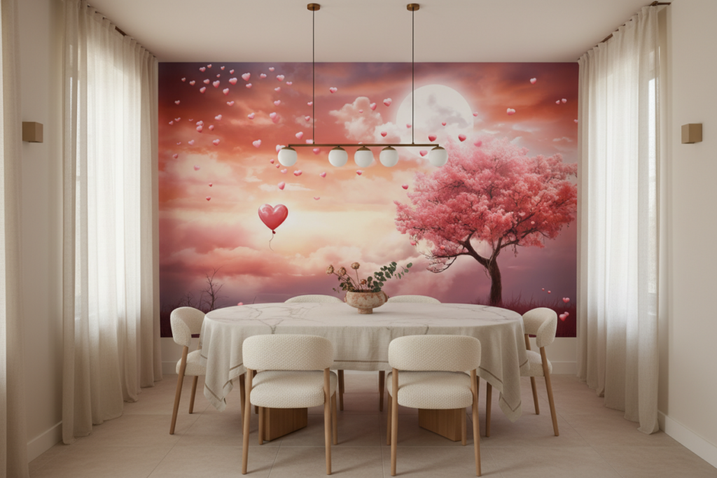Papier Peint Romantique Cœurs Volants et Arbre Rose Lune - Salle à manger