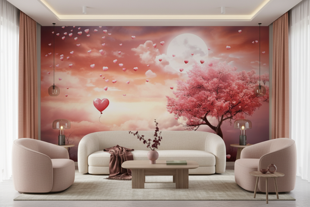 Papier Peint Romantique Cœurs Volants et Arbre Rose Lune - Salon / Séjour