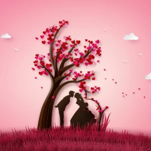 Papier peint romantique couple sous arbre aux coeurs roses
