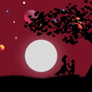 Papier Peint Romantique Silhouette Couple sous Arbre Coeurs Lune Rouge