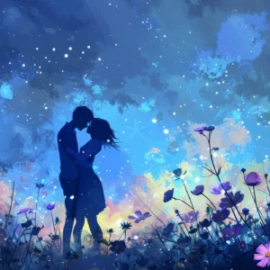 Papier Peint Romantique Couple Silhouette Cosmos Étoilé Fleurs Violettes