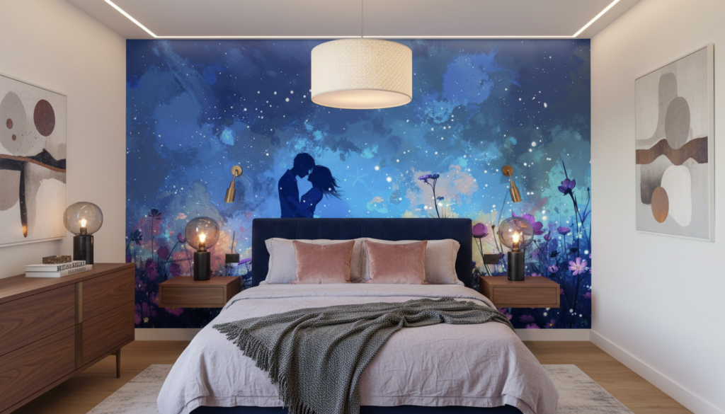 Papier Peint Romantique Couple Silhouette Cosmos Étoilé Fleurs Violettes - Chambre adulte