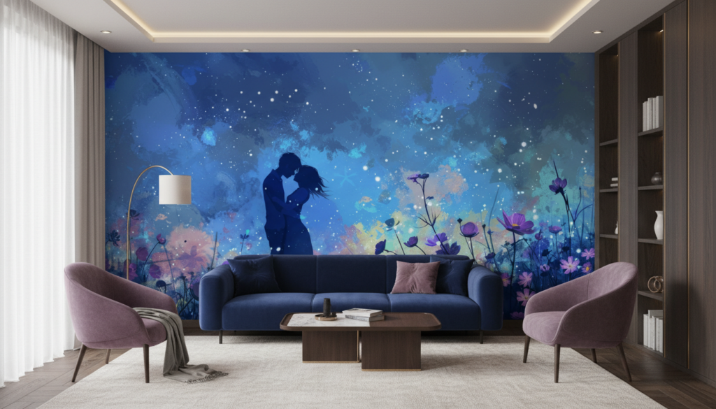 Papier Peint Romantique Couple Silhouette Cosmos Étoilé Fleurs Violettes - Salon / Séjour