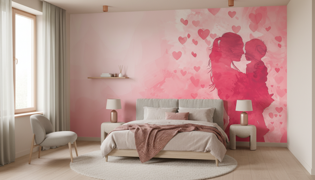 Papier peint romantique couple silhouettes roses et cœurs flottants - Chambre ado