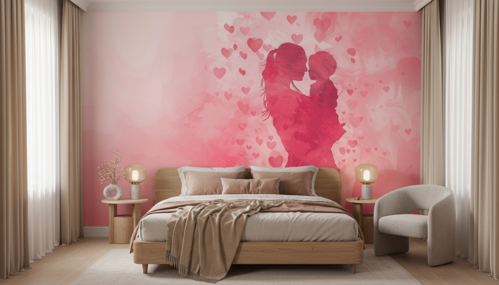 Papier peint romantique couple silhouettes roses et cœurs flottants - Chambre adulte