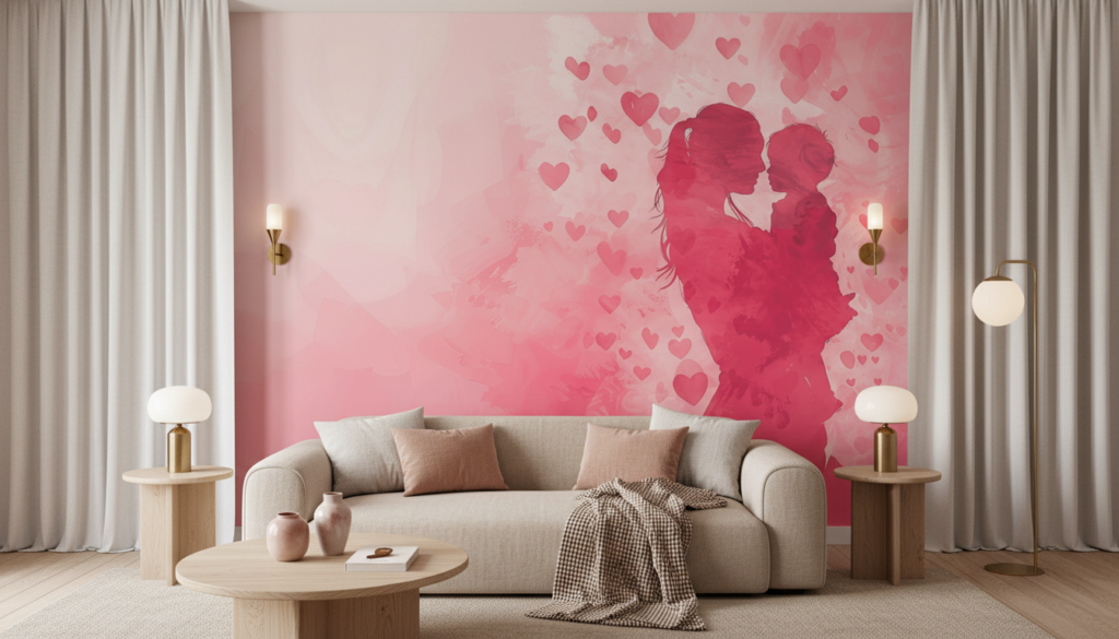 Papier peint romantique couple silhouettes roses et cœurs flottants - Salon / Séjour